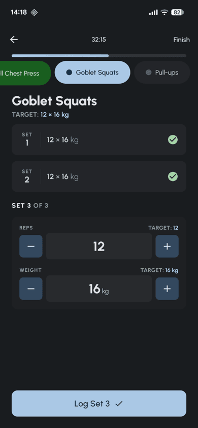 Fersonal app active workout screen with set tracking