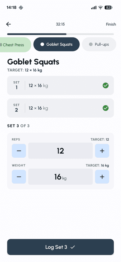 Fersonal app active workout screen with set tracking