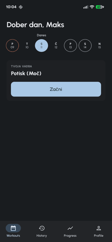 Začetni zaslon aplikacije Fersonal s prilagojenim načrtom vadbe