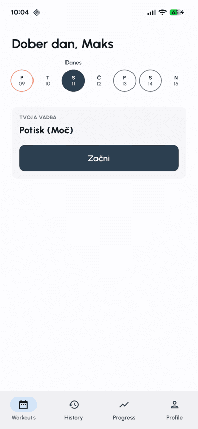 Začetni zaslon aplikacije Fersonal s prilagojenim načrtom vadbe