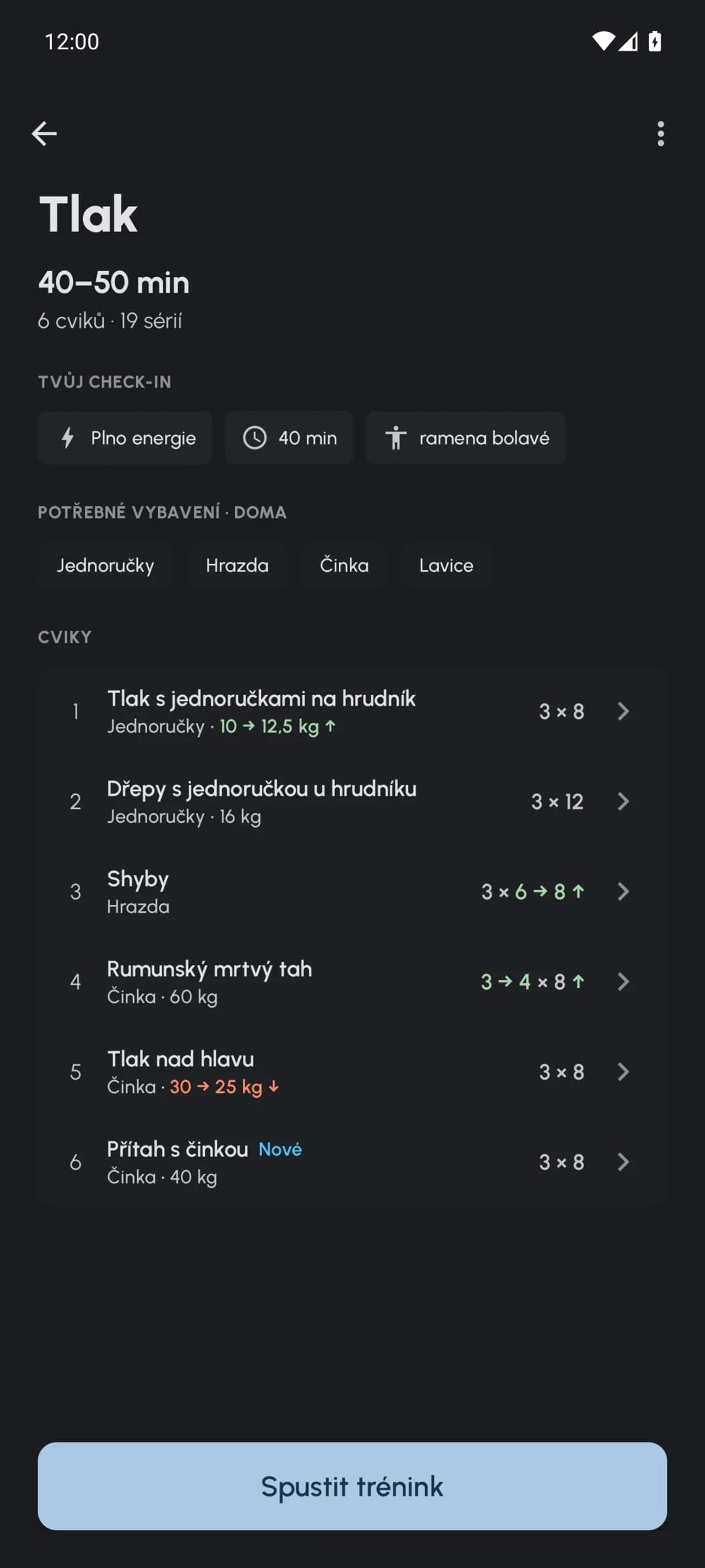 Přehled tréninku Fersonal s upravenými váhami, opakováními a sériemi