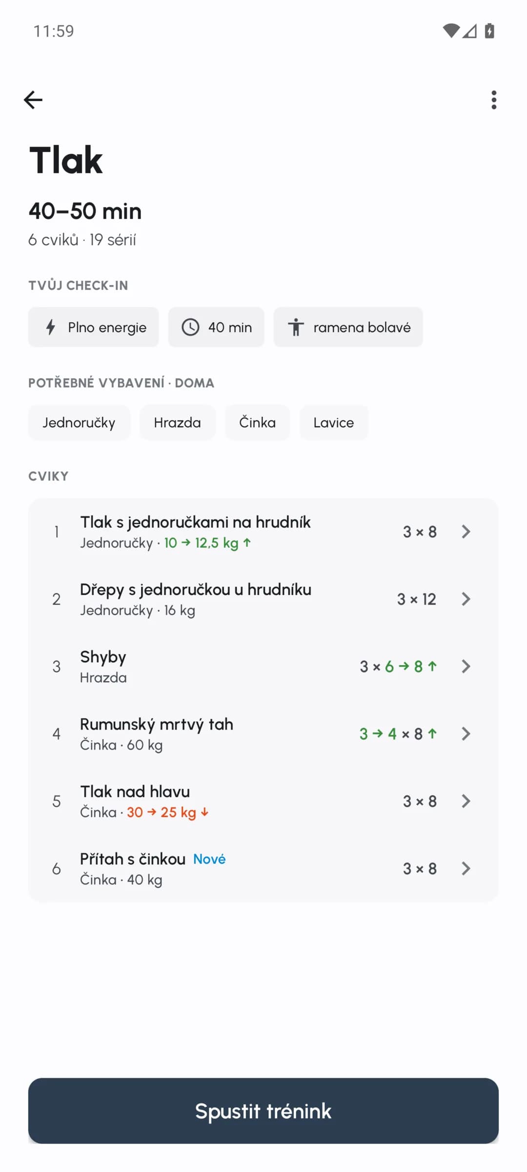Přehled tréninku Fersonal s upravenými váhami, opakováními a sériemi