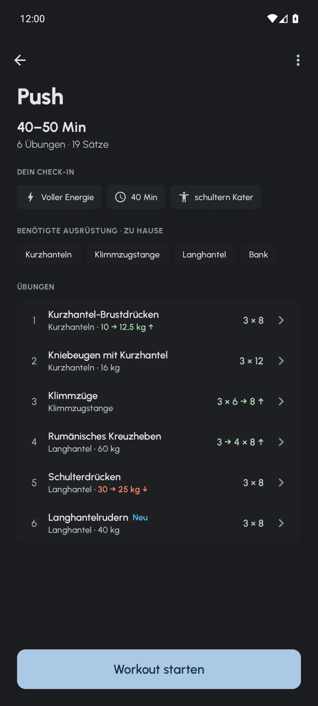 Fersonal-Workoutübersicht mit angepassten Gewichten, Wiederholungen und Sätzen