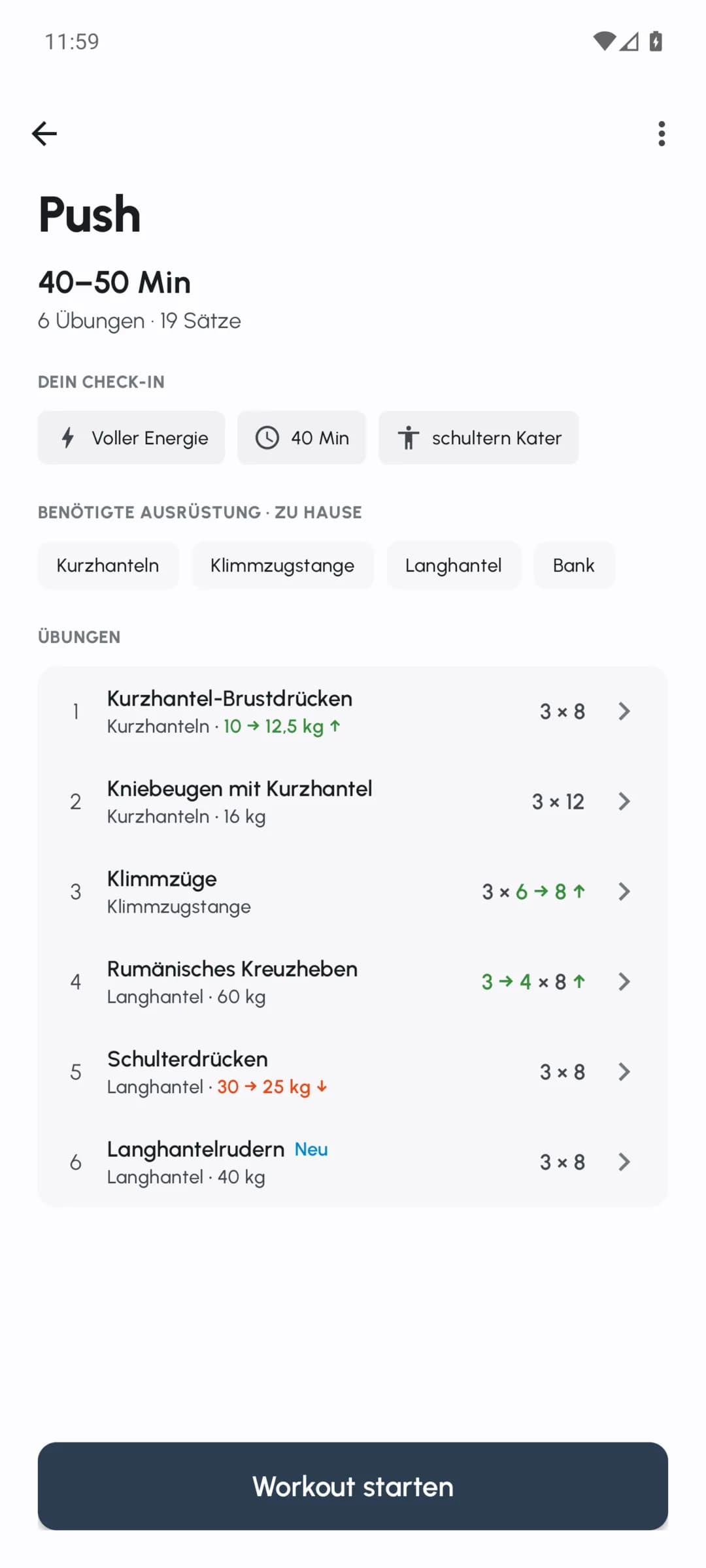 Fersonal-Workoutübersicht mit angepassten Gewichten, Wiederholungen und Sätzen