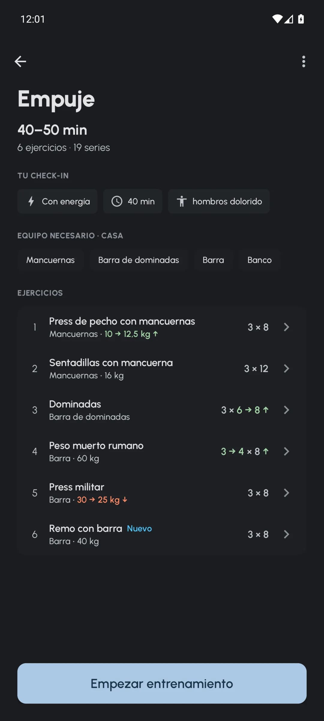 Resumen de un entrenamiento de Fersonal con pesos, repeticiones y series ajustados