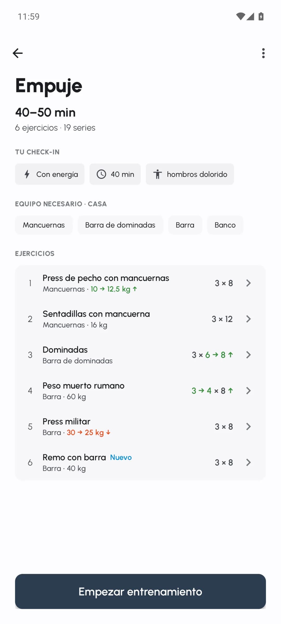 Resumen de un entrenamiento de Fersonal con pesos, repeticiones y series ajustados