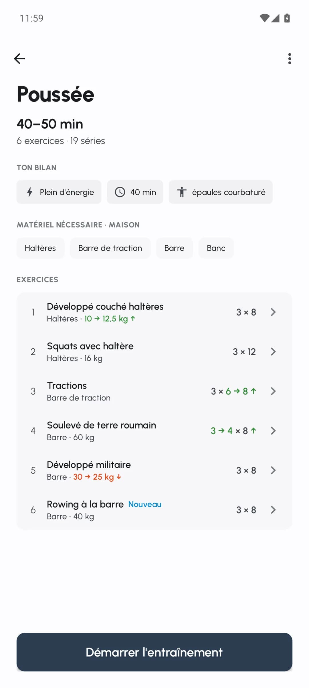 Aperçu d'un entraînement Fersonal avec charges, répétitions et séries ajustées