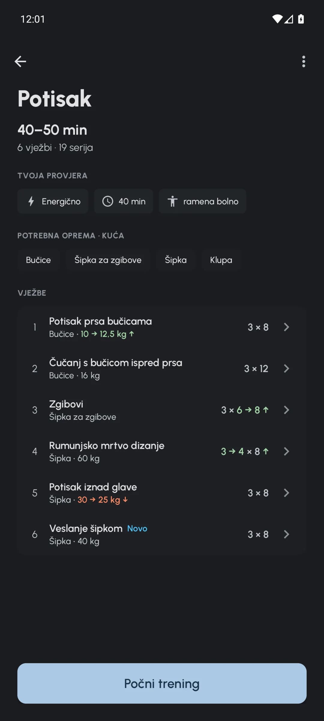 Pregled treninga u Fersonalu s prilagođenim težinama, ponavljanjima i serijama