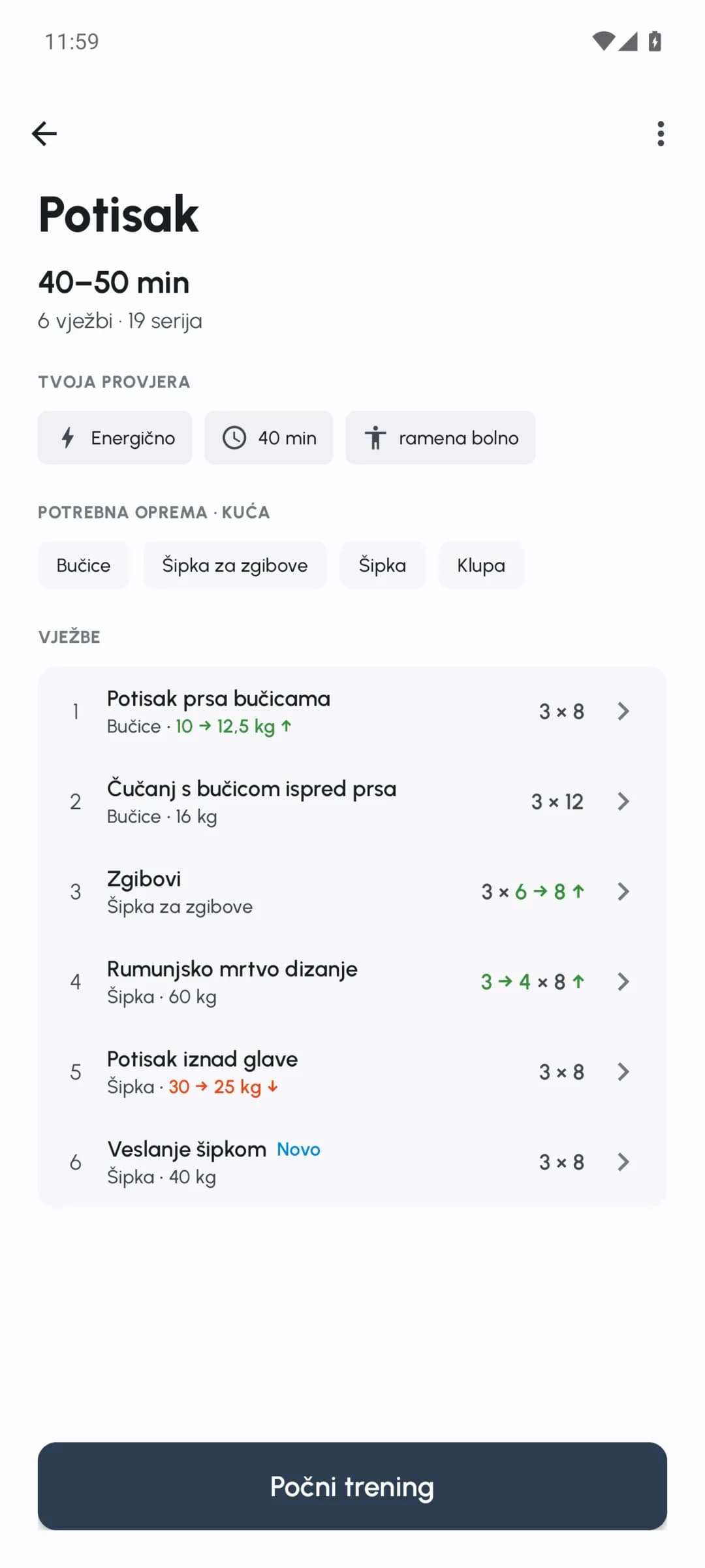 Pregled treninga u Fersonalu s prilagođenim težinama, ponavljanjima i serijama