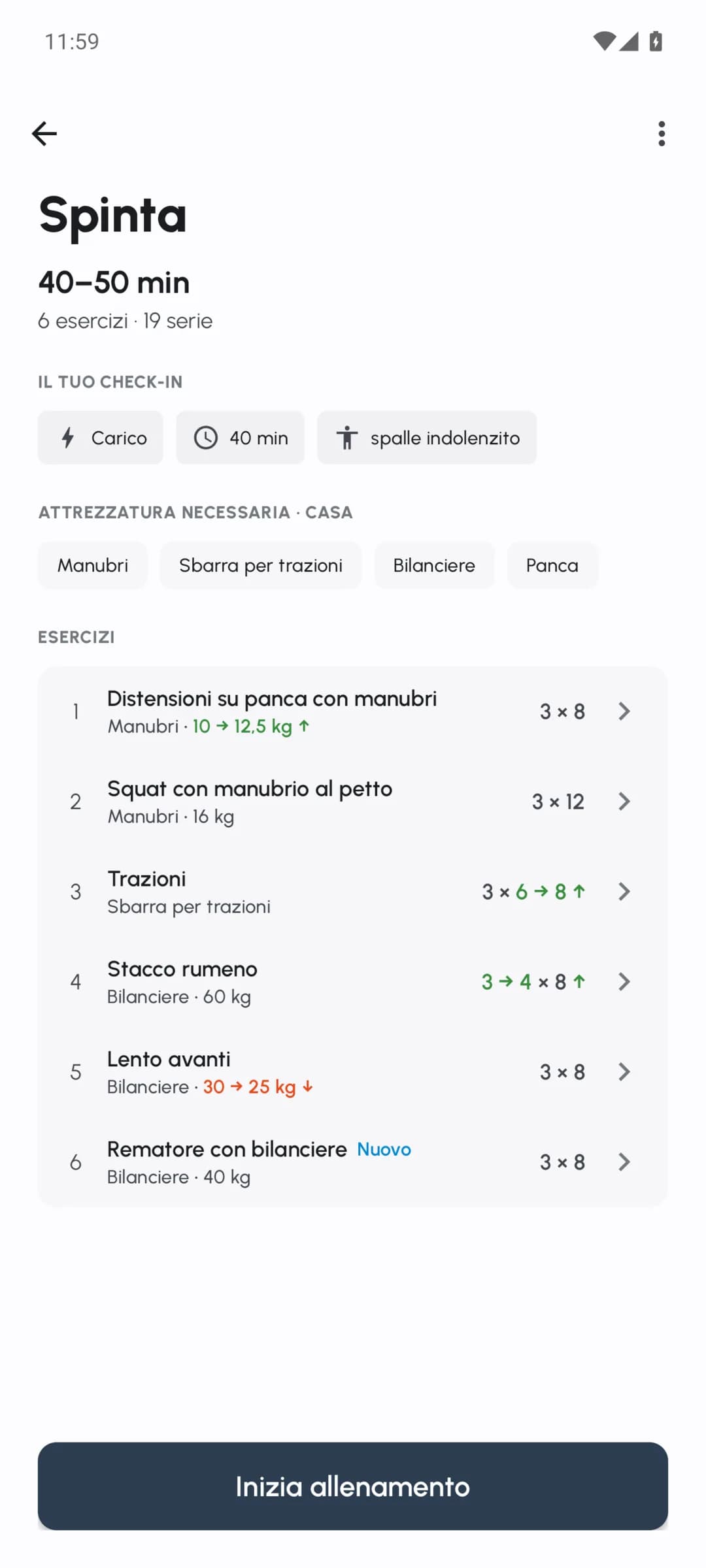 Panoramica di un allenamento Fersonal con pesi, ripetizioni e serie adattati