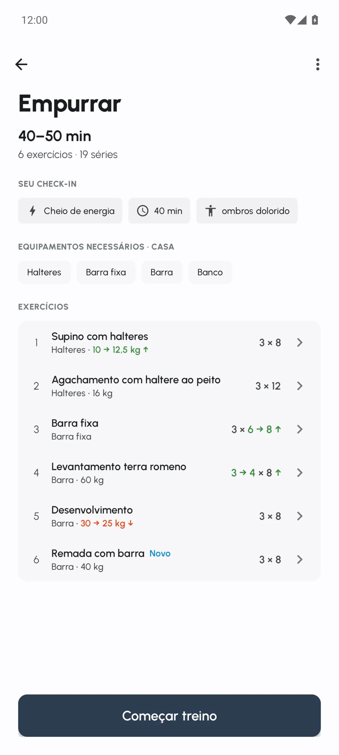 Visão geral de um treino Fersonal com pesos, repetições e séries ajustados