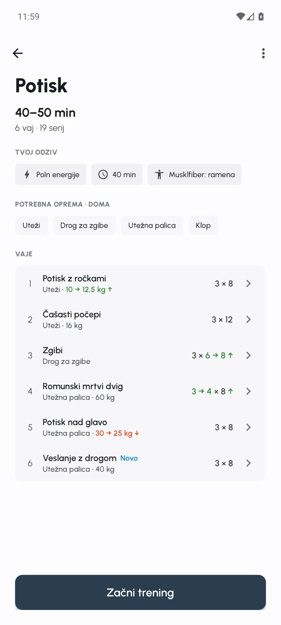 Pregled treninga Fersonal s prilagojenimi težami, ponovitvami in serijami