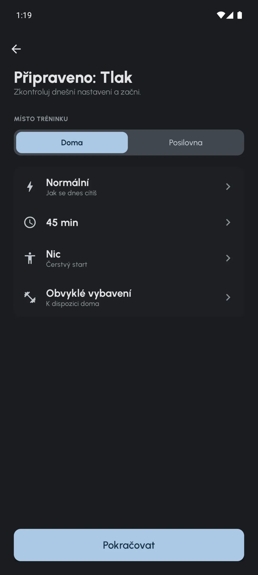 Kontrola Fersonal pro energii, dostupný čas, svalovou únavu a vybavení