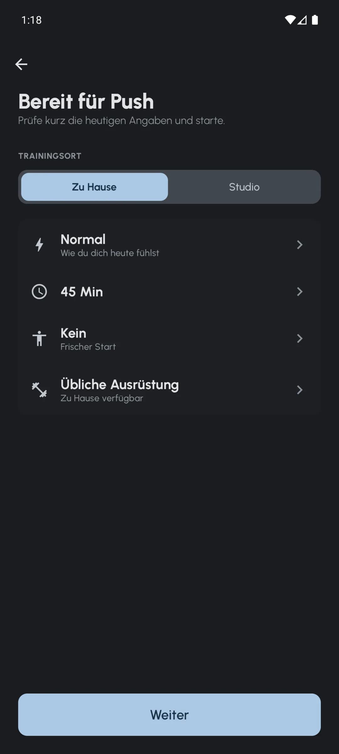 Fersonal-Check-in für Energie, verfügbare Zeit, Muskelkater und Ausrüstung