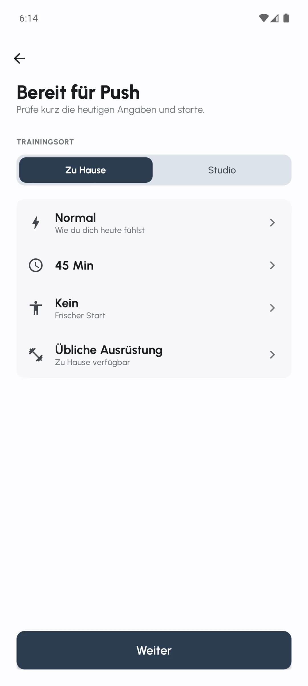 Fersonal-Check-in für Energie, verfügbare Zeit, Muskelkater und Ausrüstung