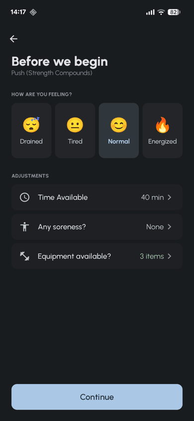 Fersonal app pre-workout check-in screen