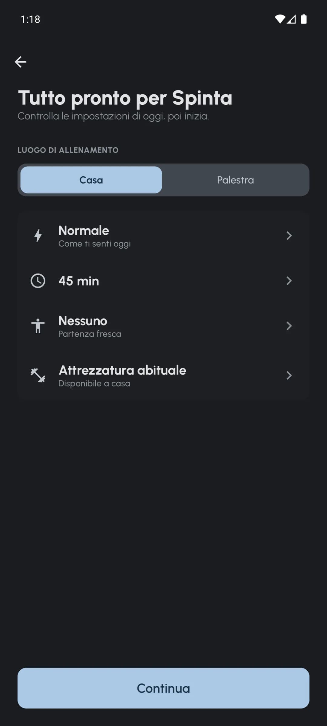 Check-in di Fersonal per energia, tempo disponibile, indolenzimento e attrezzatura