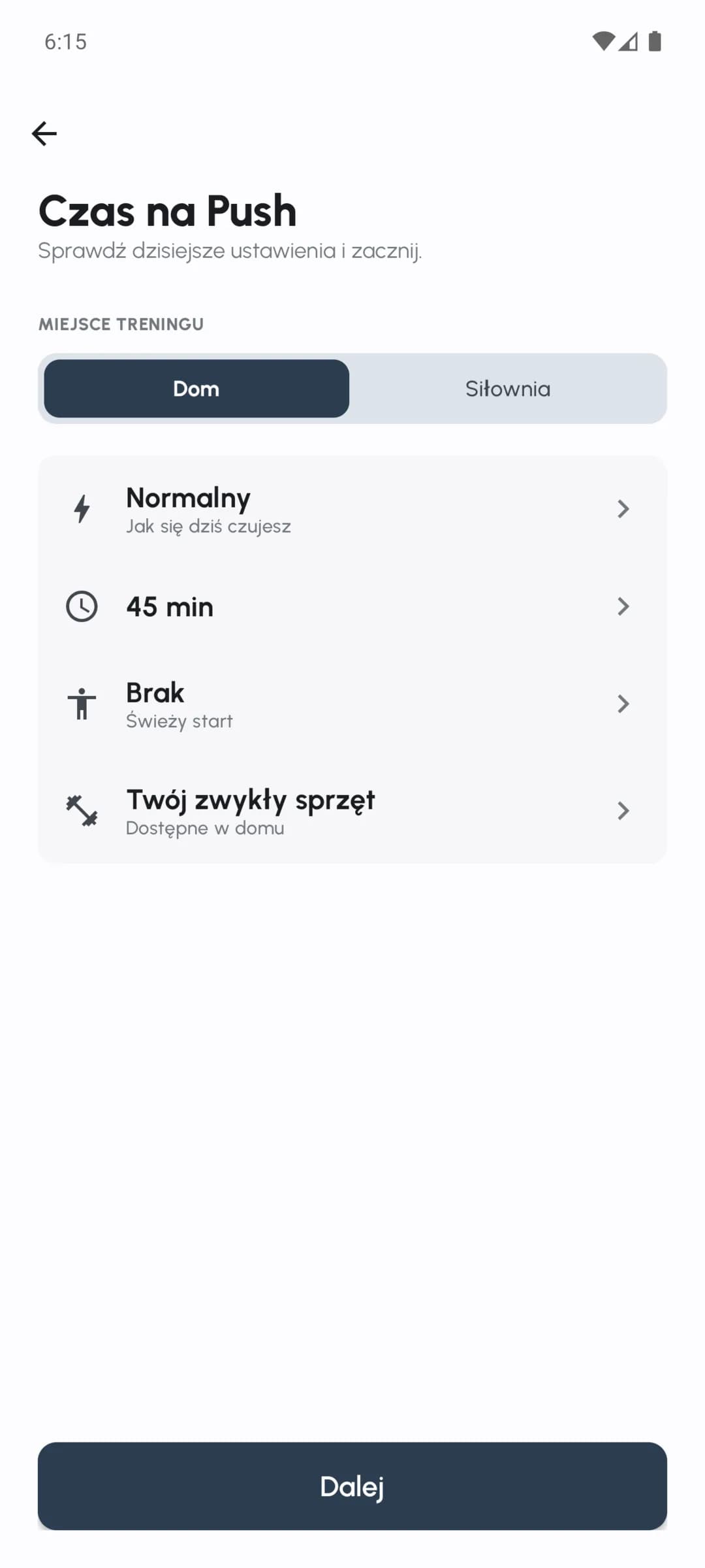 Odprawa Fersonal dotycząca energii, dostępnego czasu, obolałości mięśni i sprzętu