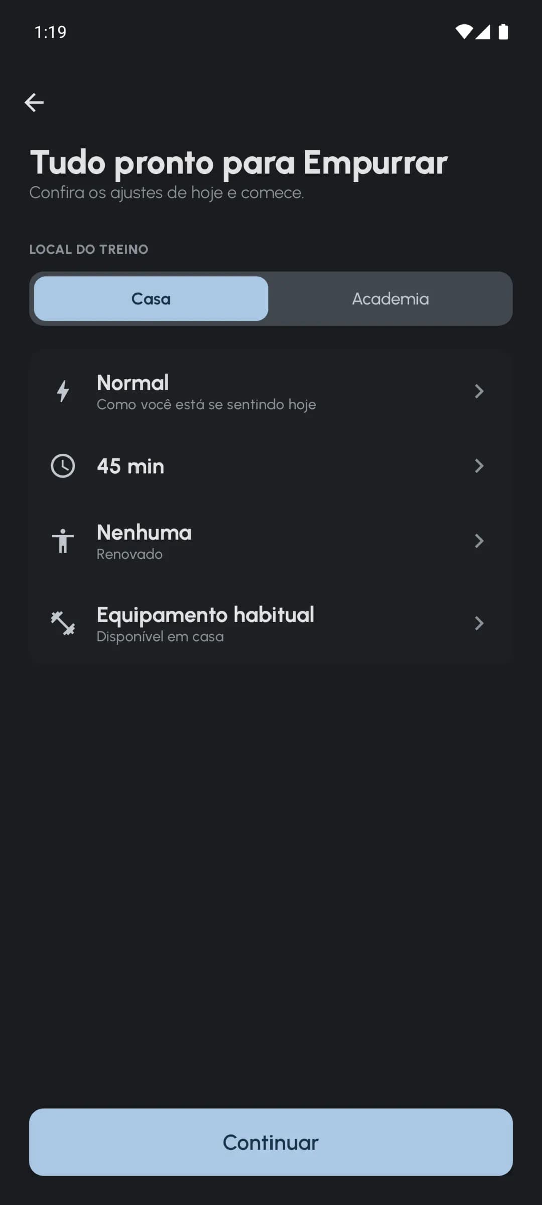 Check-in do Fersonal sobre energia, tempo disponível, dores musculares e equipamento