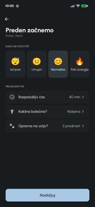 Zaslon za pregled pred vadbo v aplikaciji Fersonal