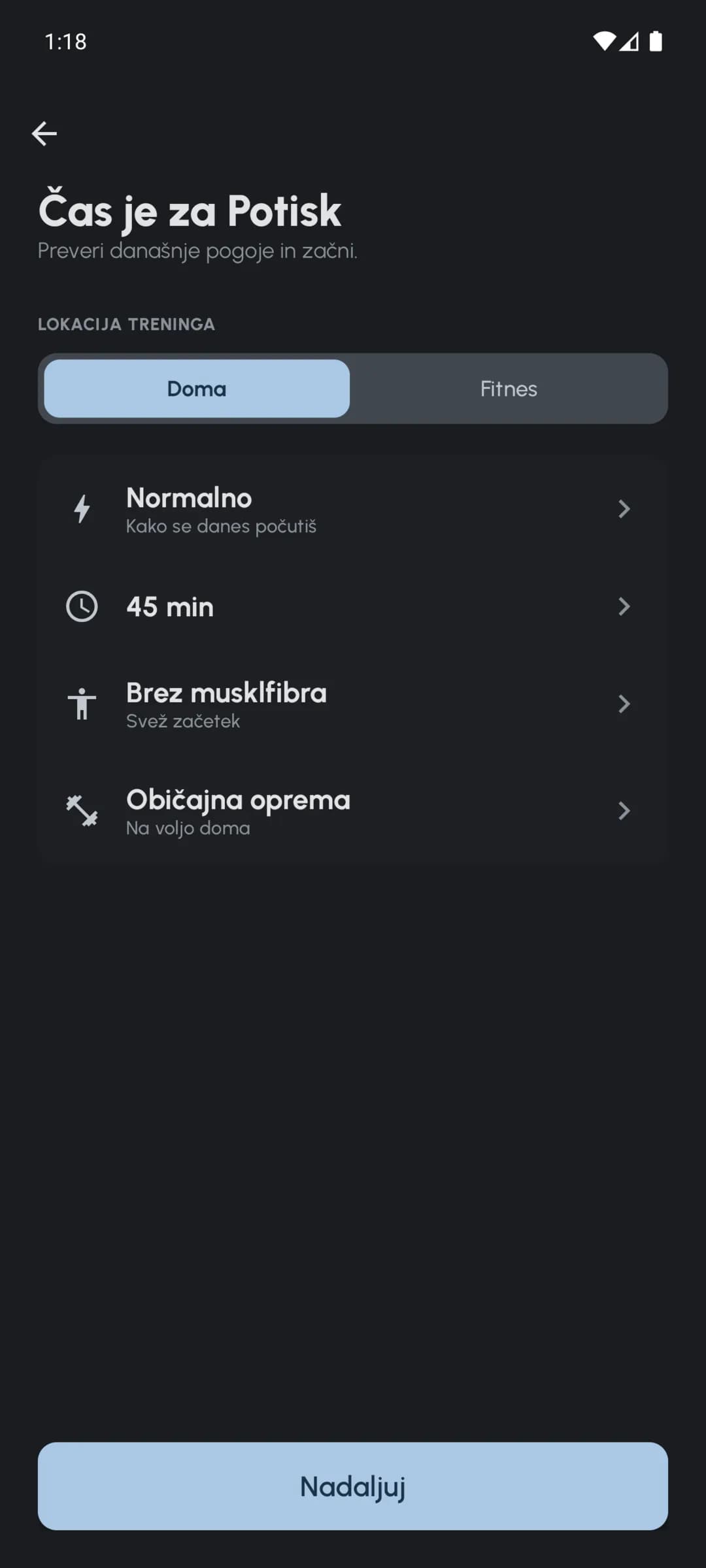 Pregled Fersonal za energijo, razpoložljivi čas, utrujenost mišic in opremo