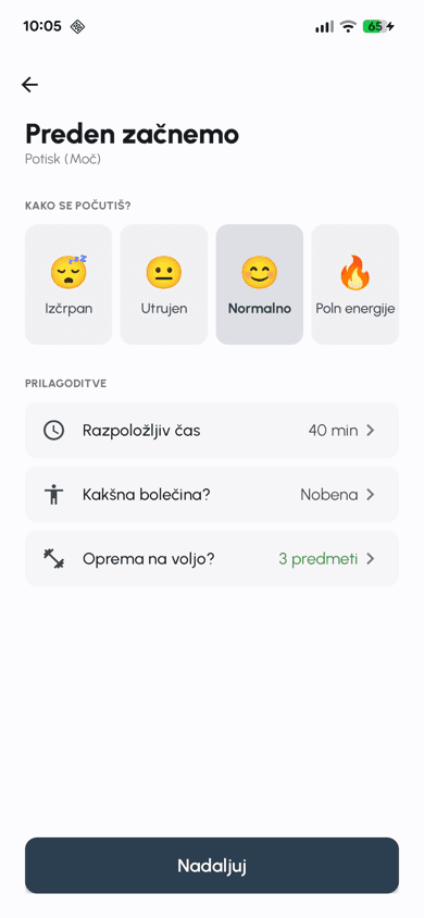 Zaslon za pregled pred vadbo v aplikaciji Fersonal