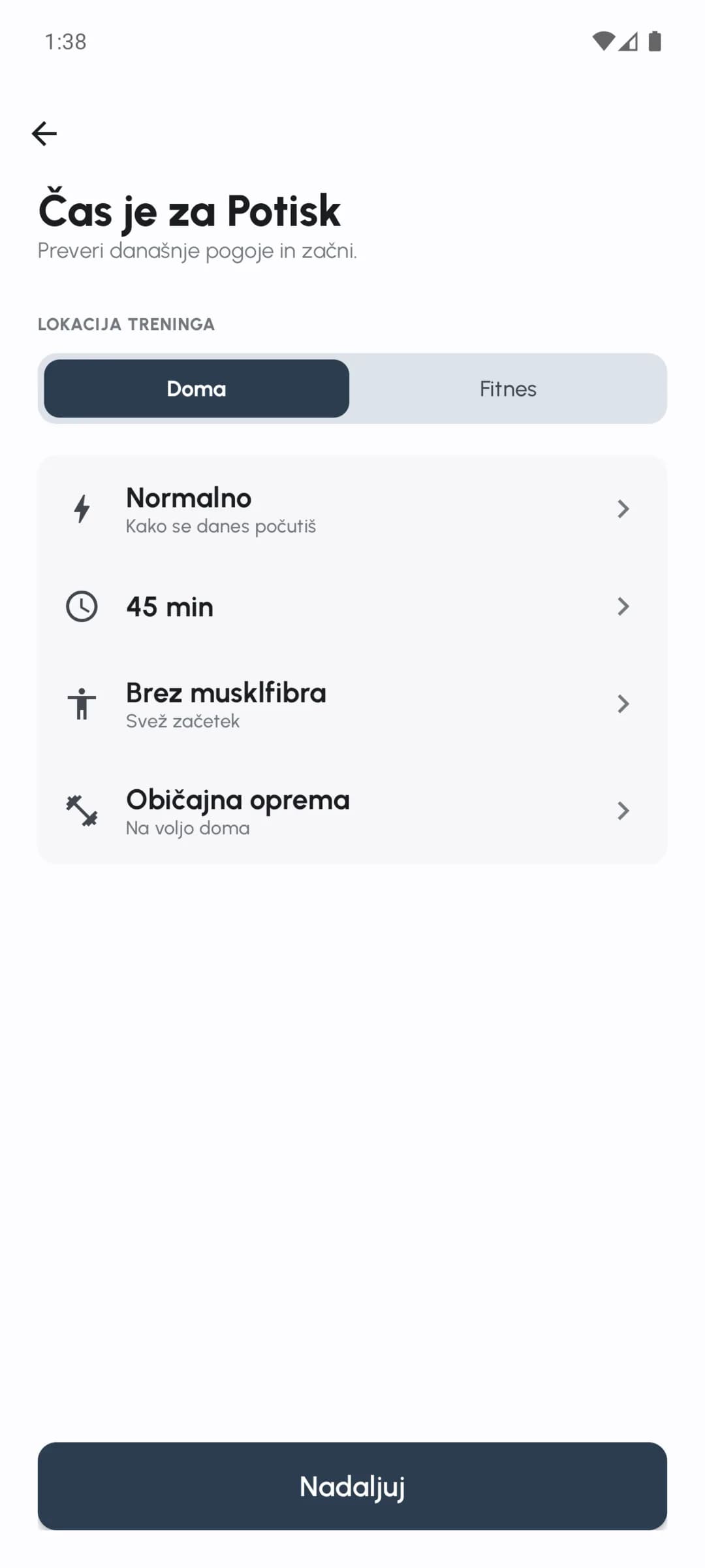 Pregled Fersonal za energijo, razpoložljivi čas, utrujenost mišic in opremo
