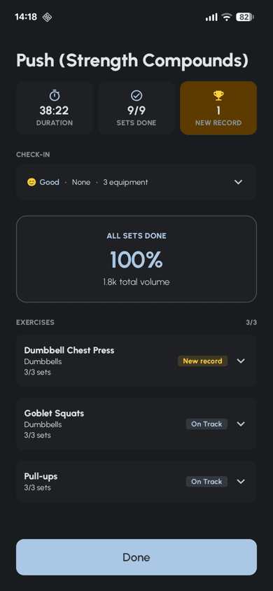 Fersonal app workout summary screen