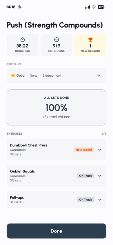 Fersonal app workout summary screen