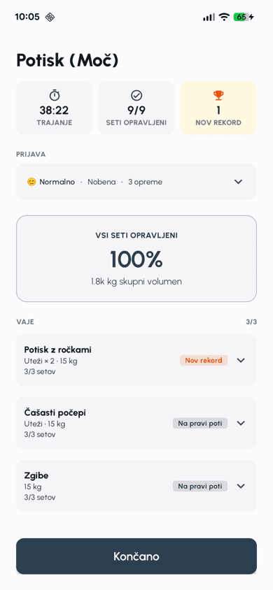 Zaslon s povzetkom vadbe v aplikaciji Fersonal