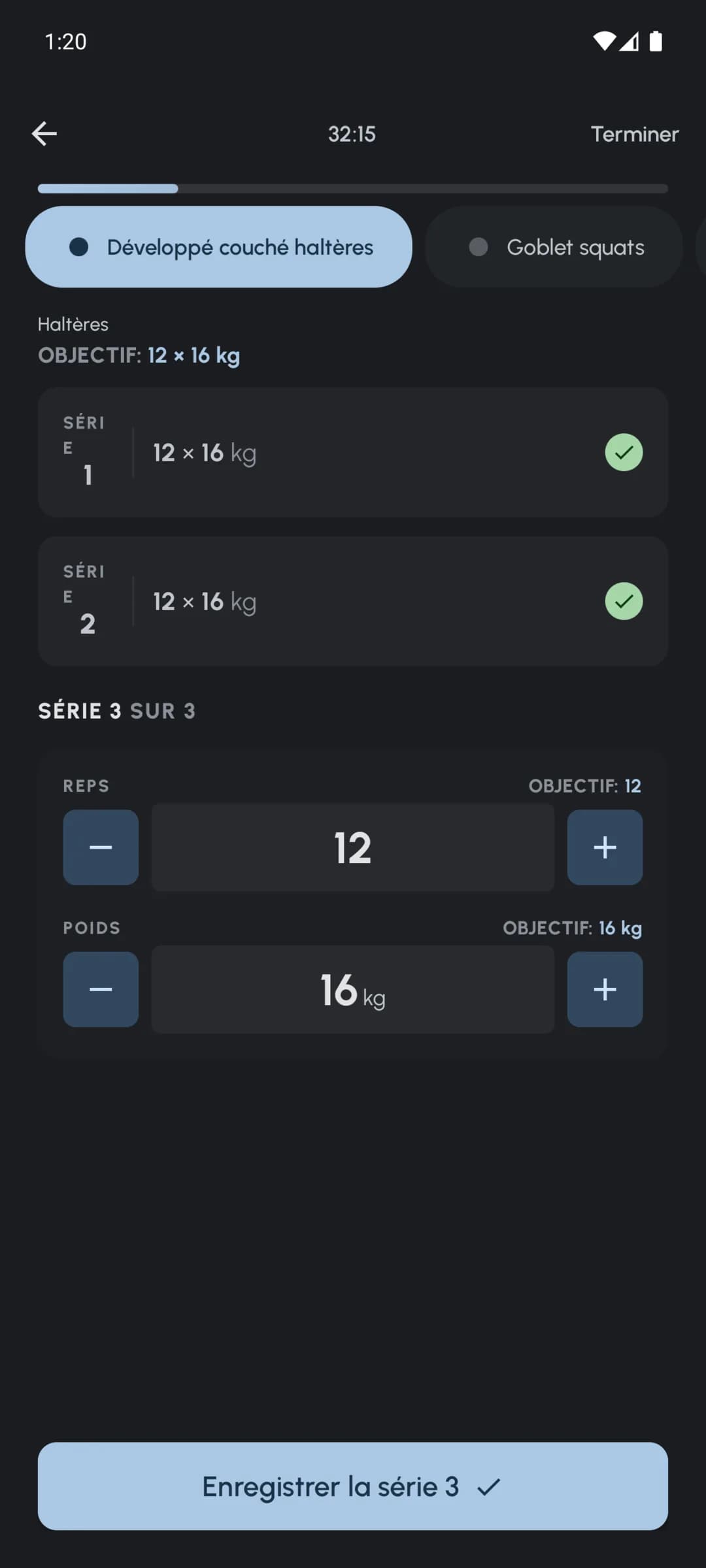 Entraînement Fersonal en cours avec suivi des séries, répétitions et charges