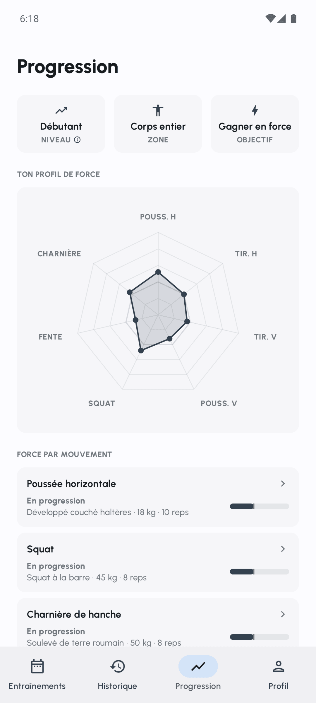 Écrans Fersonal montrant un entraînement en cours, la progression et une séance terminée