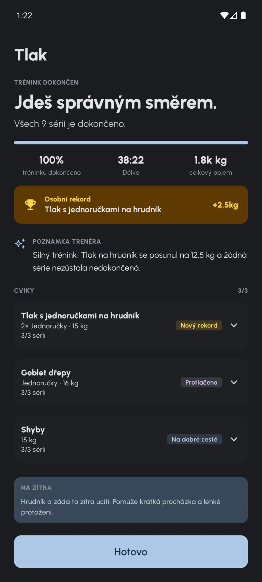 Souhrn dokončeného tréninku Fersonal se sériemi, objemem a poznámkami