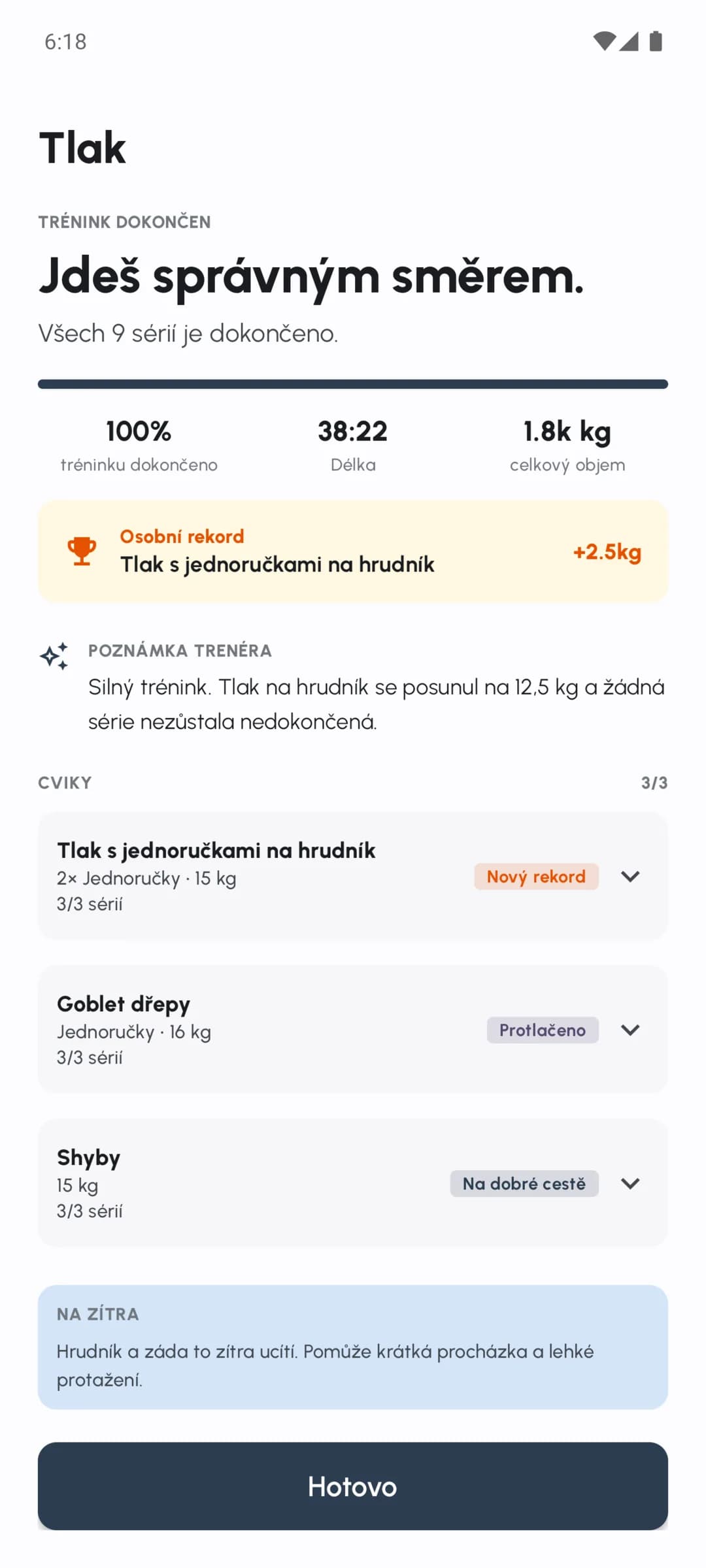 Souhrn dokončeného tréninku Fersonal se sériemi, objemem a poznámkami