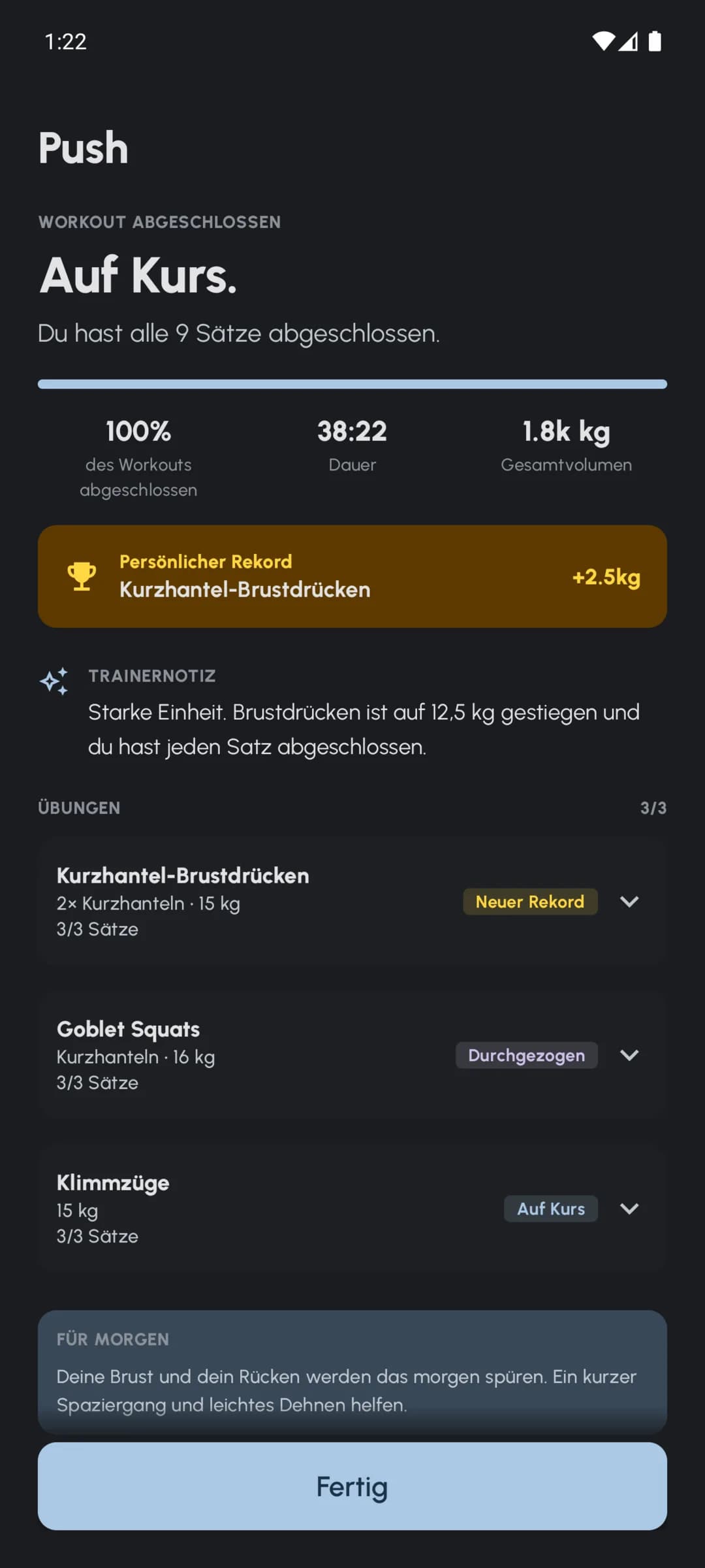Zusammenfassung eines abgeschlossenen Fersonal-Workouts mit Sätzen, Trainingsvolumen und Hinweisen