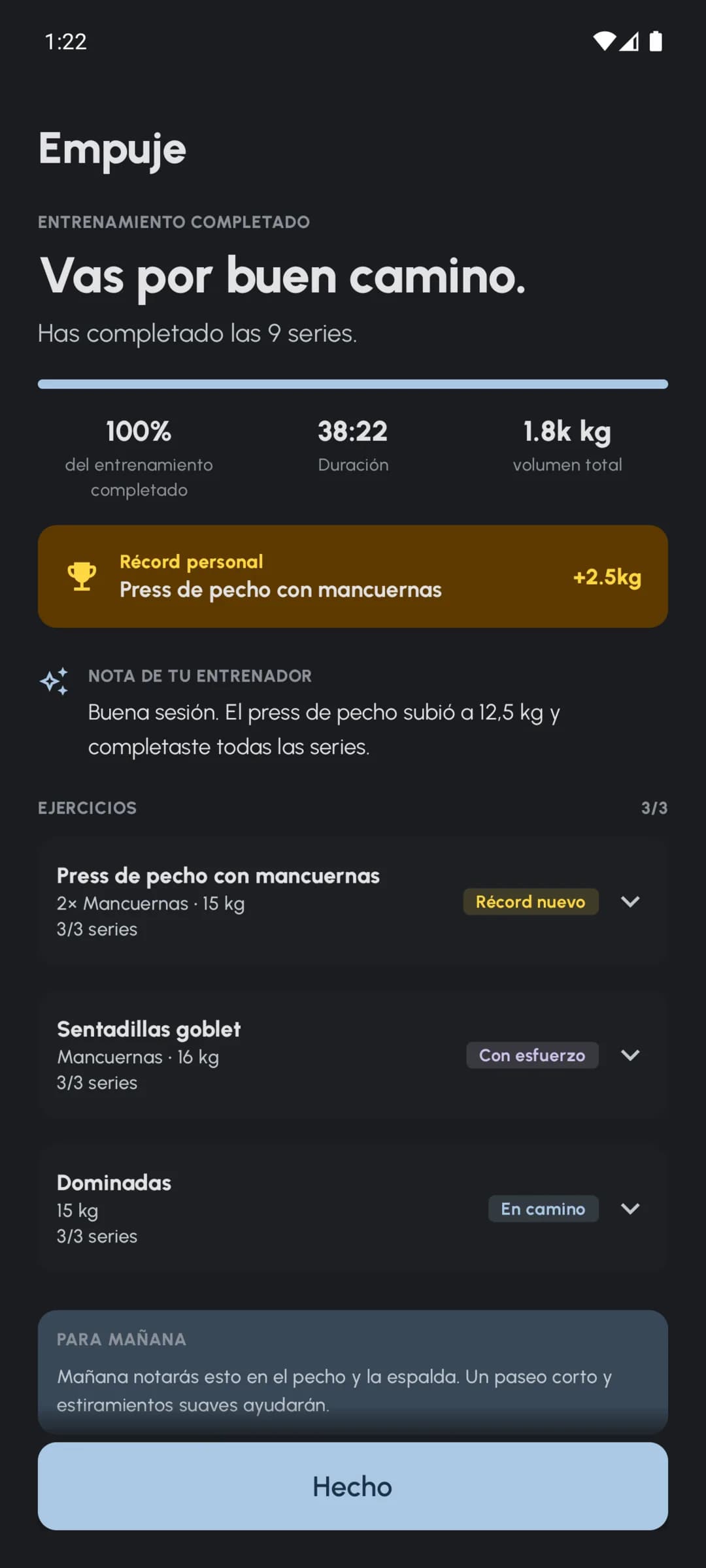 Resumen de un entrenamiento completado en Fersonal con series, volumen y notas de la sesión