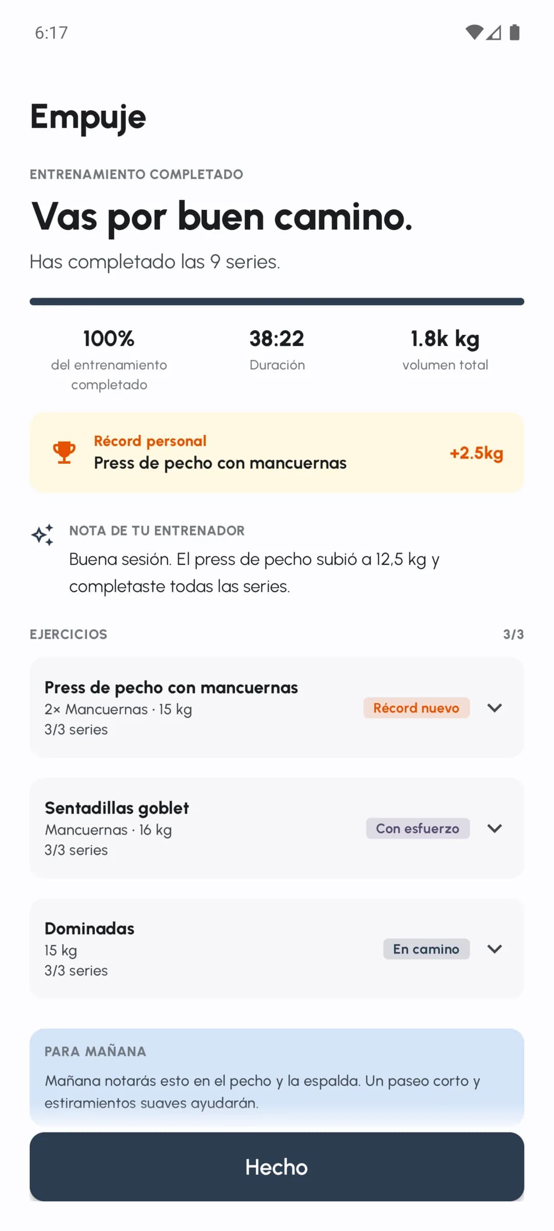 Resumen de un entrenamiento completado en Fersonal con series, volumen y notas de la sesión