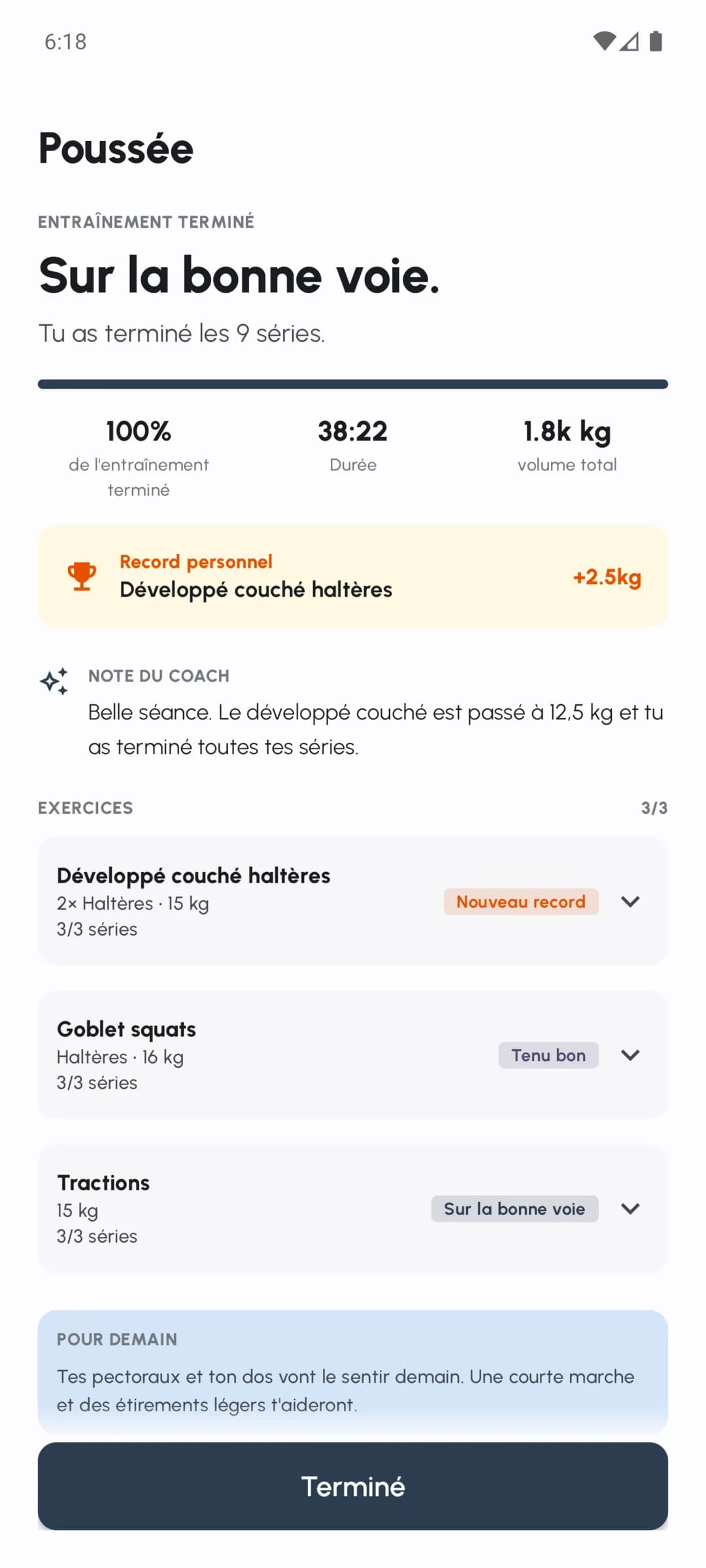 Récapitulatif d'un entraînement Fersonal terminé avec séries, volume et notes de séance