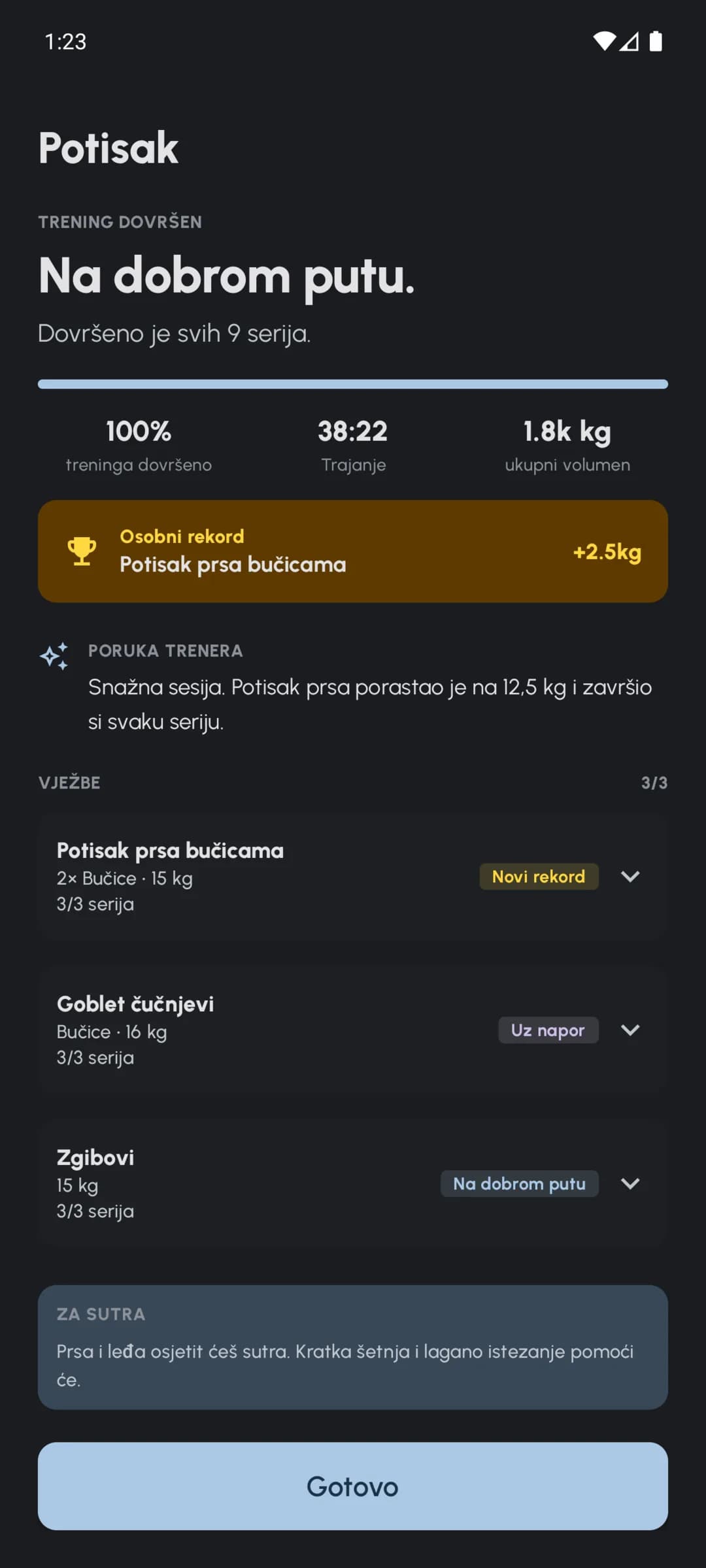 Sažetak završenog treninga u Fersonalu sa serijama, volumenom i bilješkama