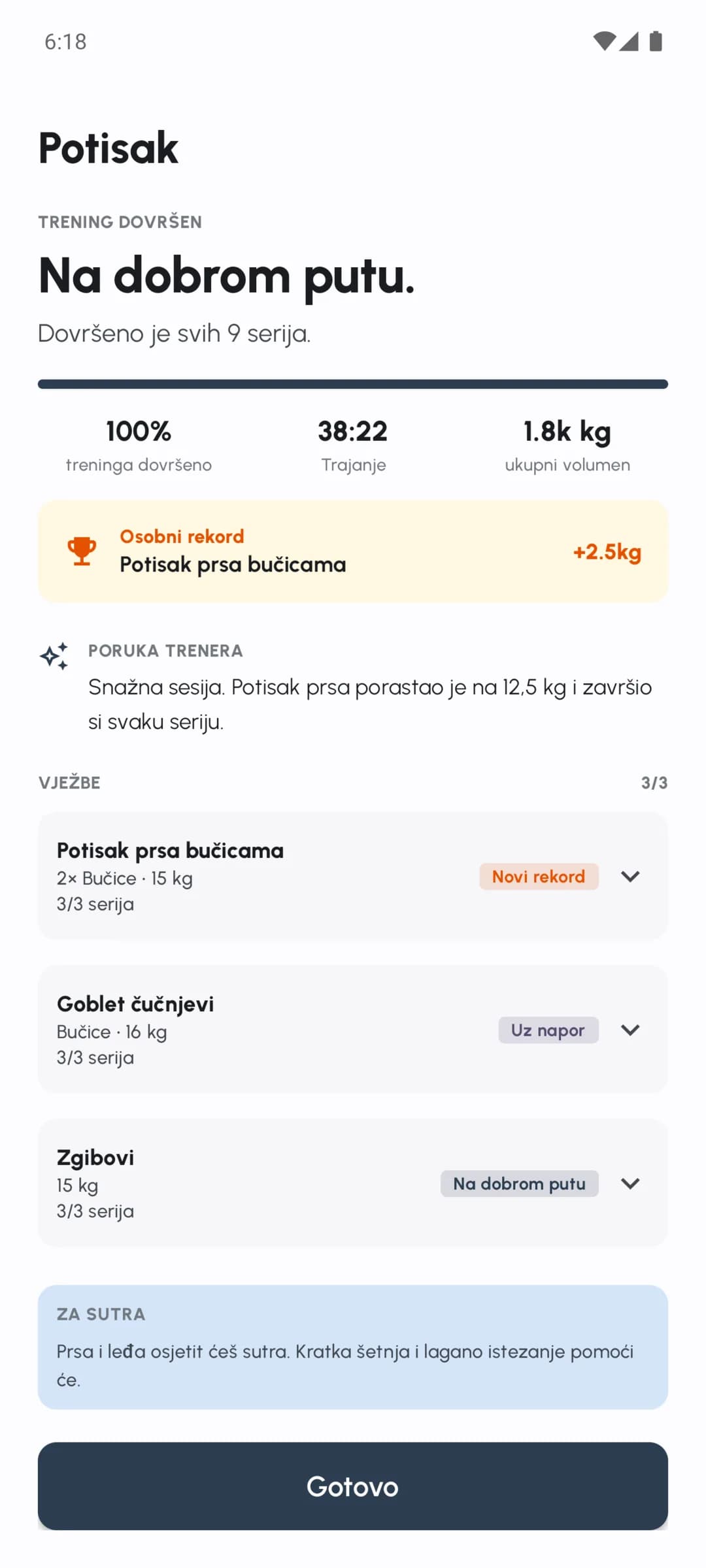 Sažetak završenog treninga u Fersonalu sa serijama, volumenom i bilješkama