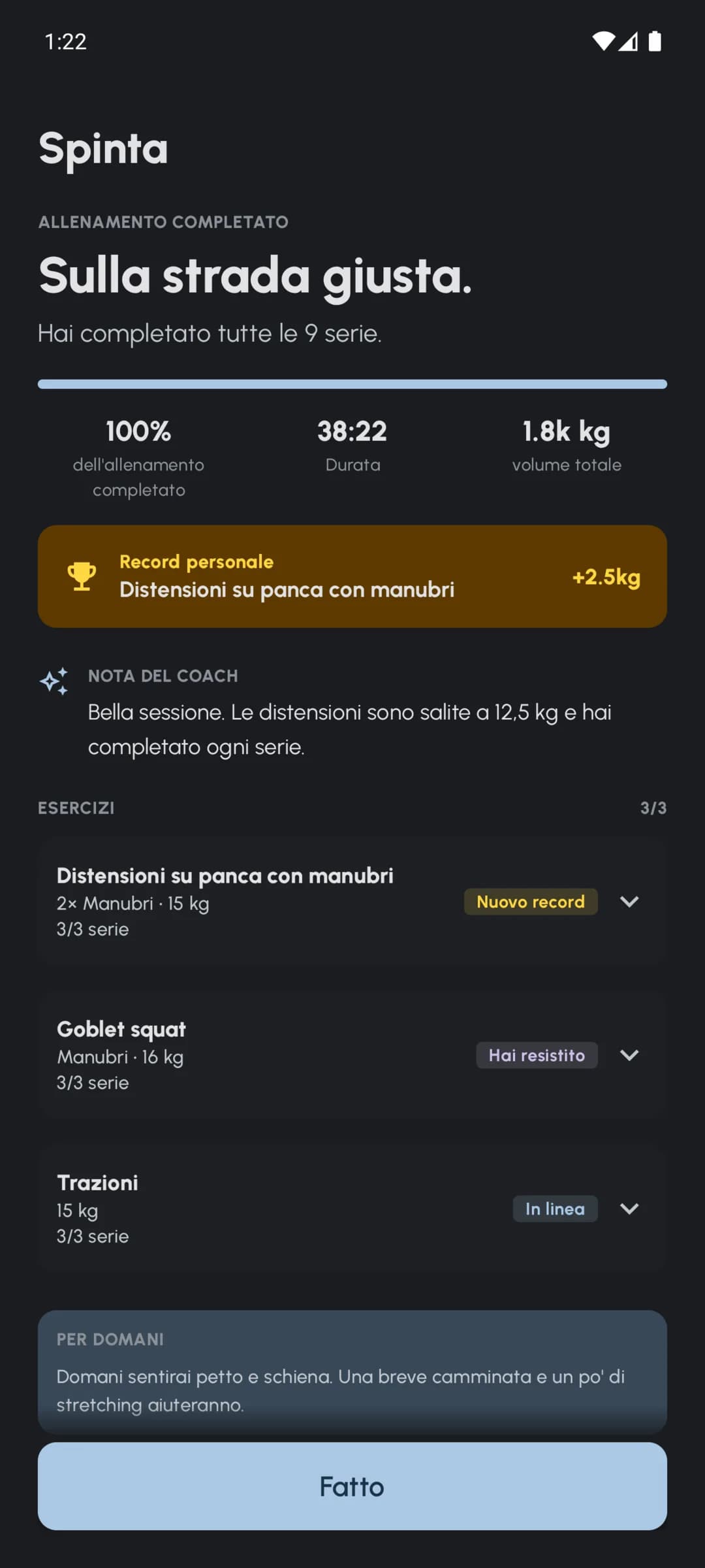 Riepilogo di un allenamento Fersonal completato con serie, volume e note della sessione