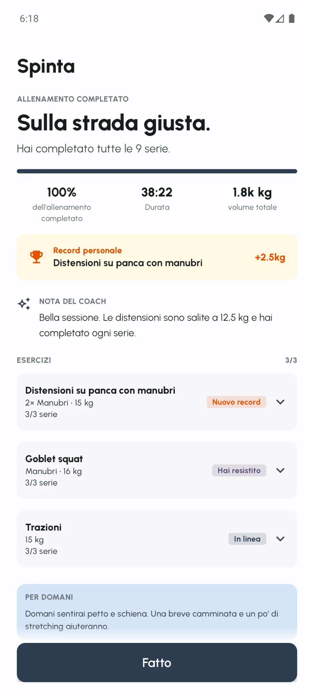 Riepilogo di un allenamento Fersonal completato con serie, volume e note della sessione