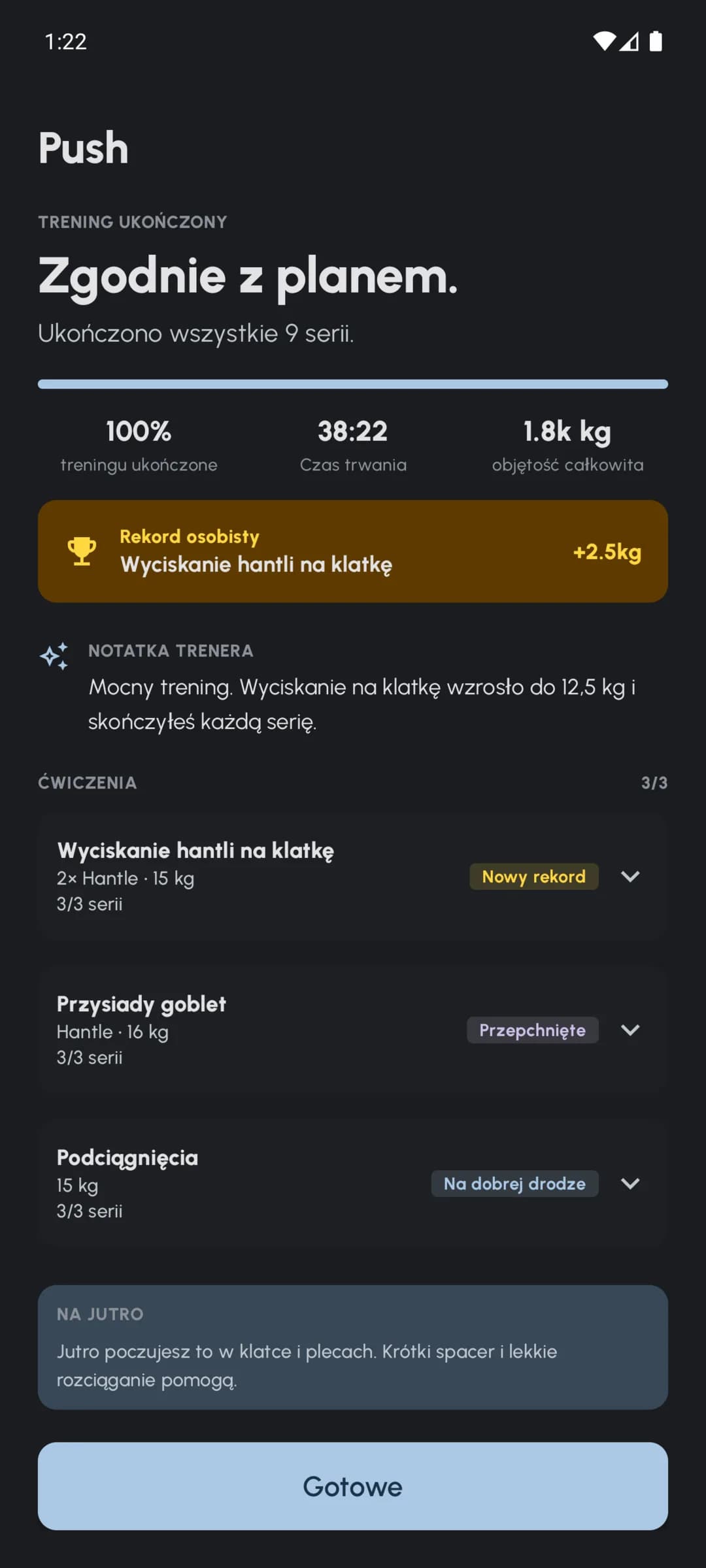Podsumowanie ukończonego treningu Fersonal z seriami, objętością i notatkami