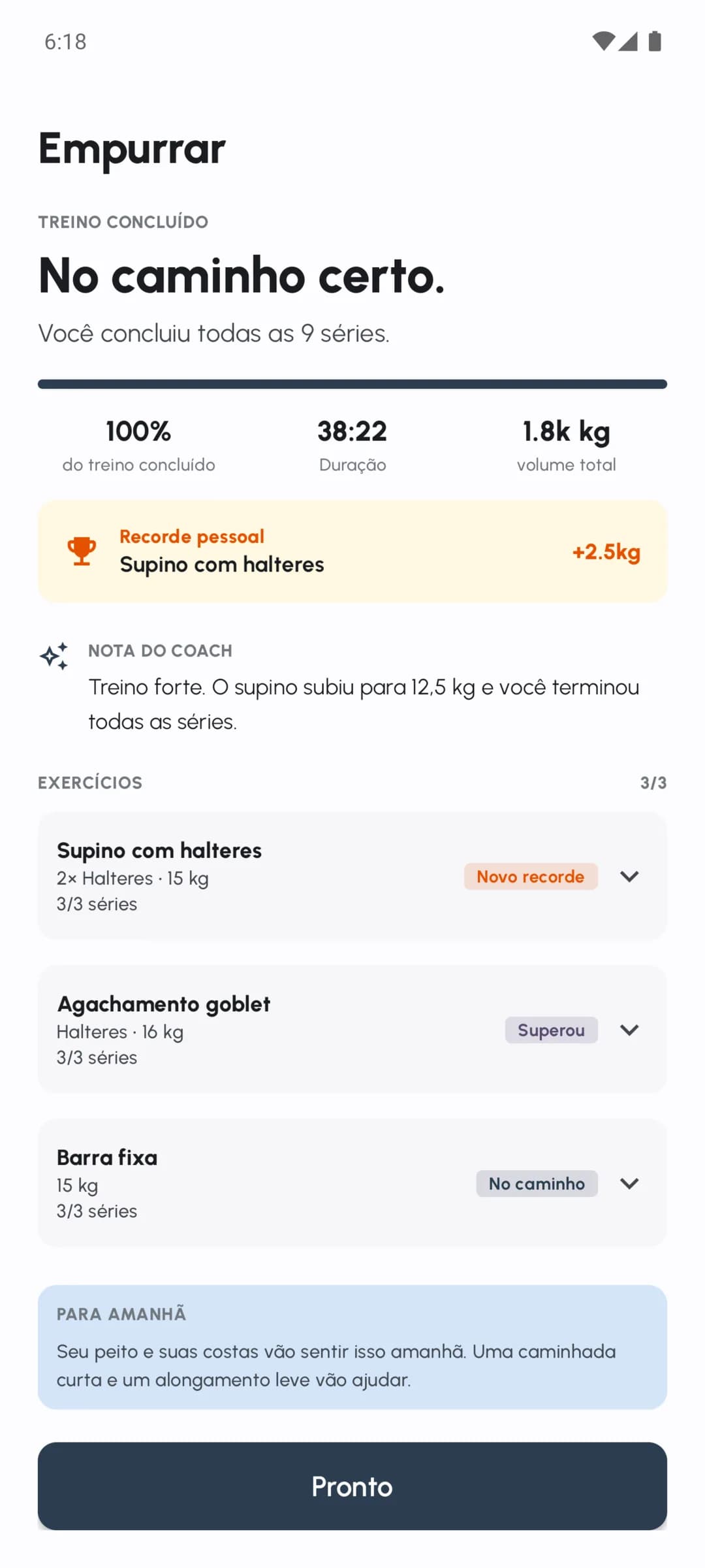 Resumo de um treino Fersonal concluído com séries, volume e notas da sessão
