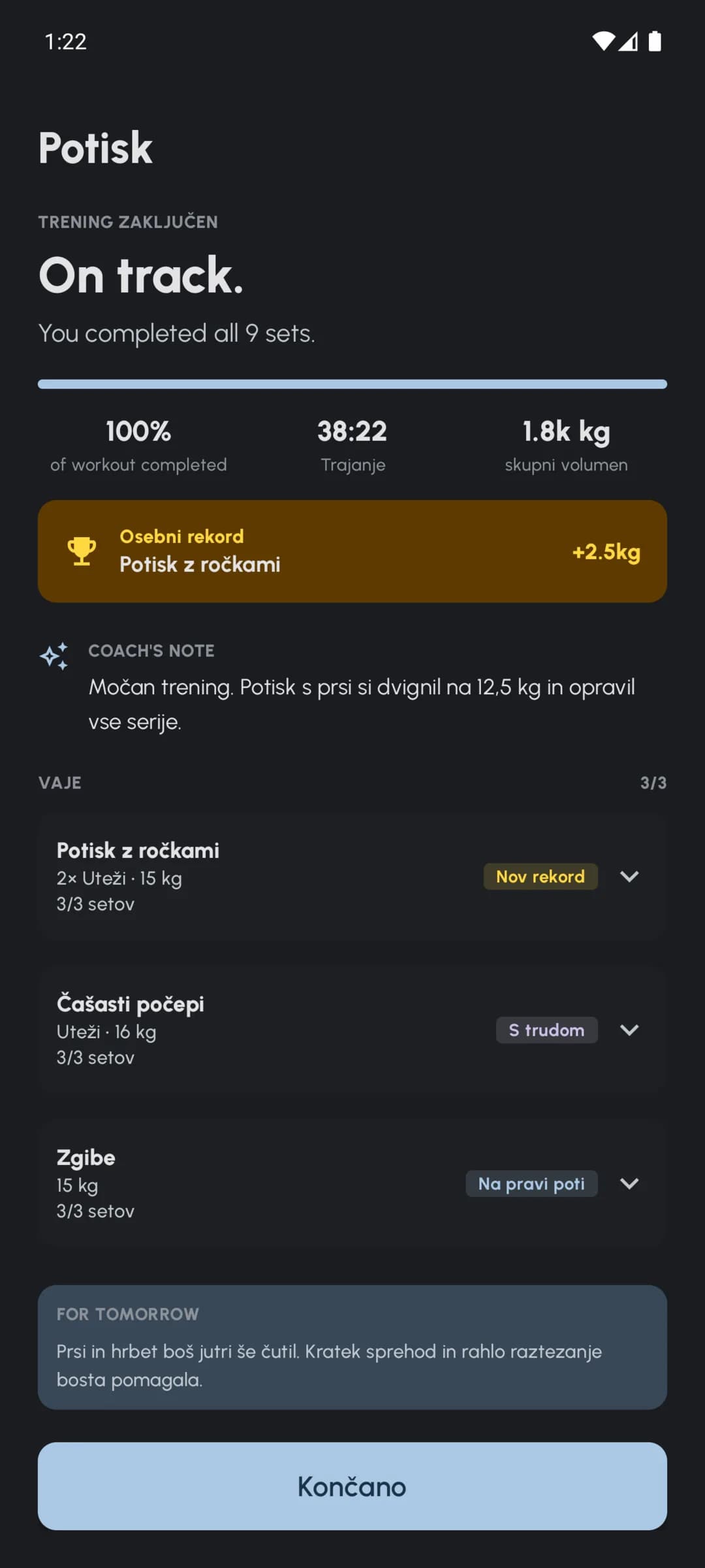 Povzetek zaključenega treninga Fersonal s serijami, obsegom treninga in opombami