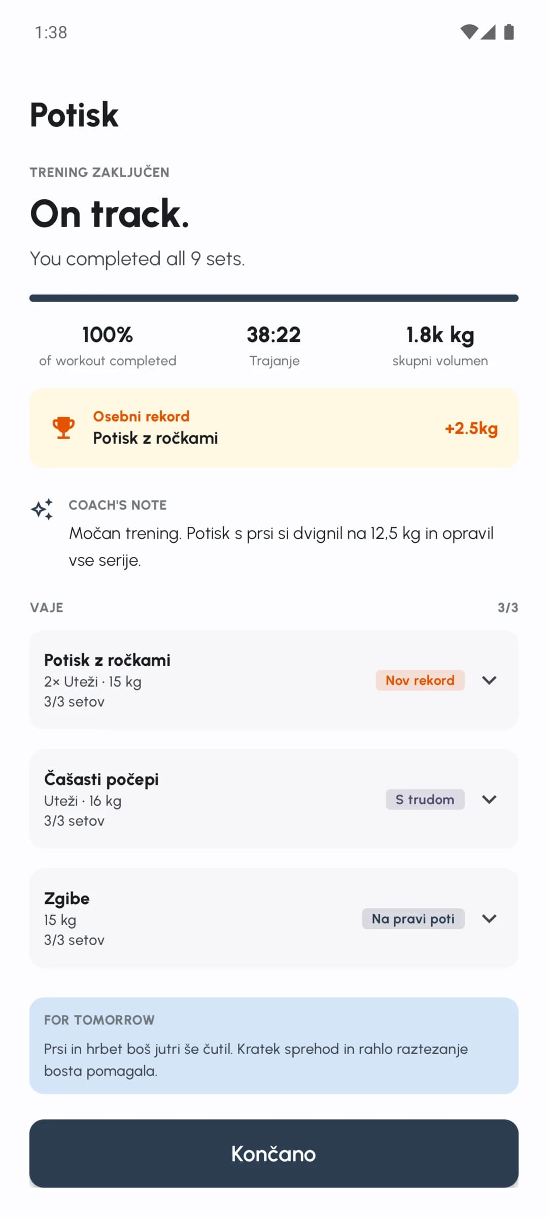 Povzetek zaključenega treninga Fersonal s serijami, obsegom treninga in opombami